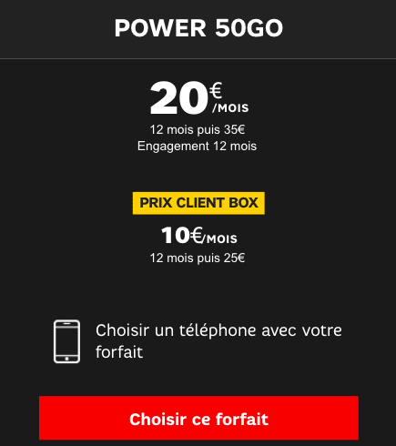 Forfait mobile Power 50 Go promotion SFR. 