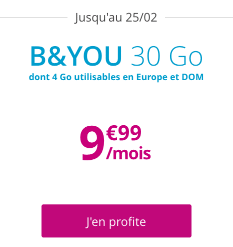 Forfait sans engagement ni condition de durée disponible chez B&YOU avec une box internet de Bouygues Telecom pas chère.