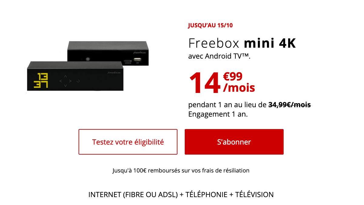 Freebox mini 4K promo fibre optique ou ADSL.