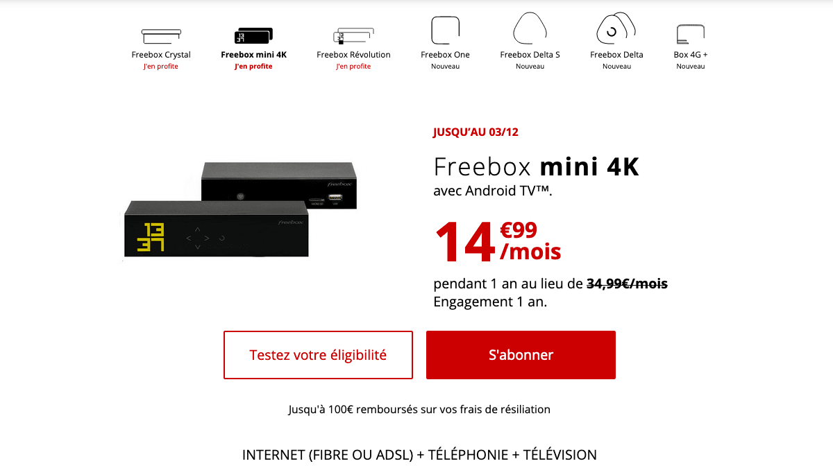 Promo Freebox mini 4K fibre optique. 