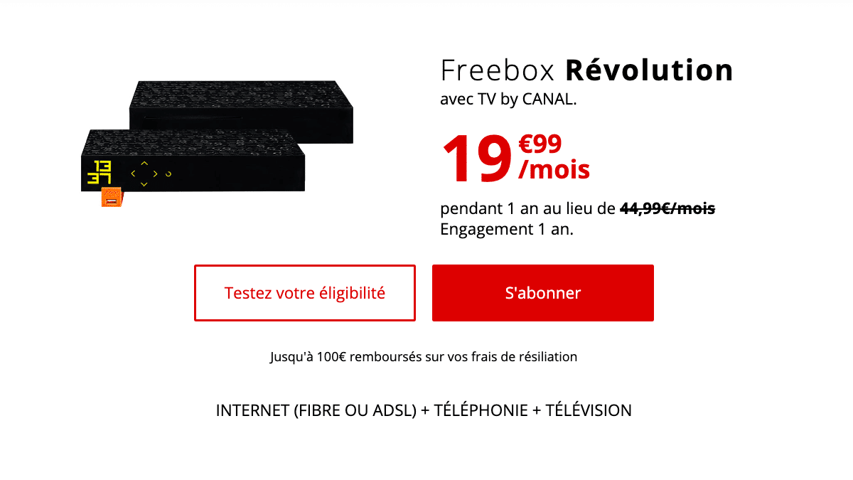L'offre complète, Freebox Revolution est à moins de 20€ par mois.