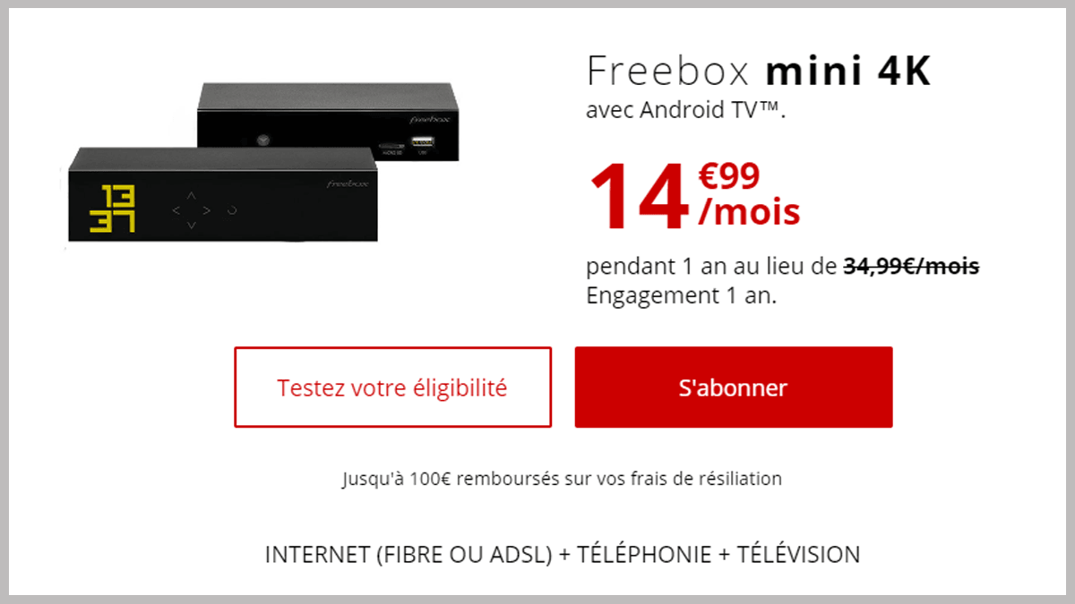 Freebox mini 4K : 14,99€/ mois pour l'option TV, la fibre 1 Gb/s et d'autres fonctions intéressantes.