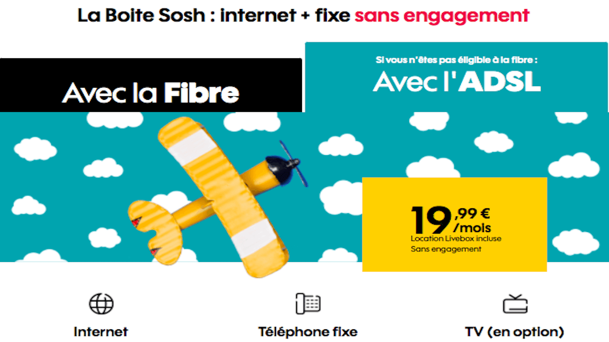 la box internet pas chère en ADSL de Sosh est à 19,99€/mois.