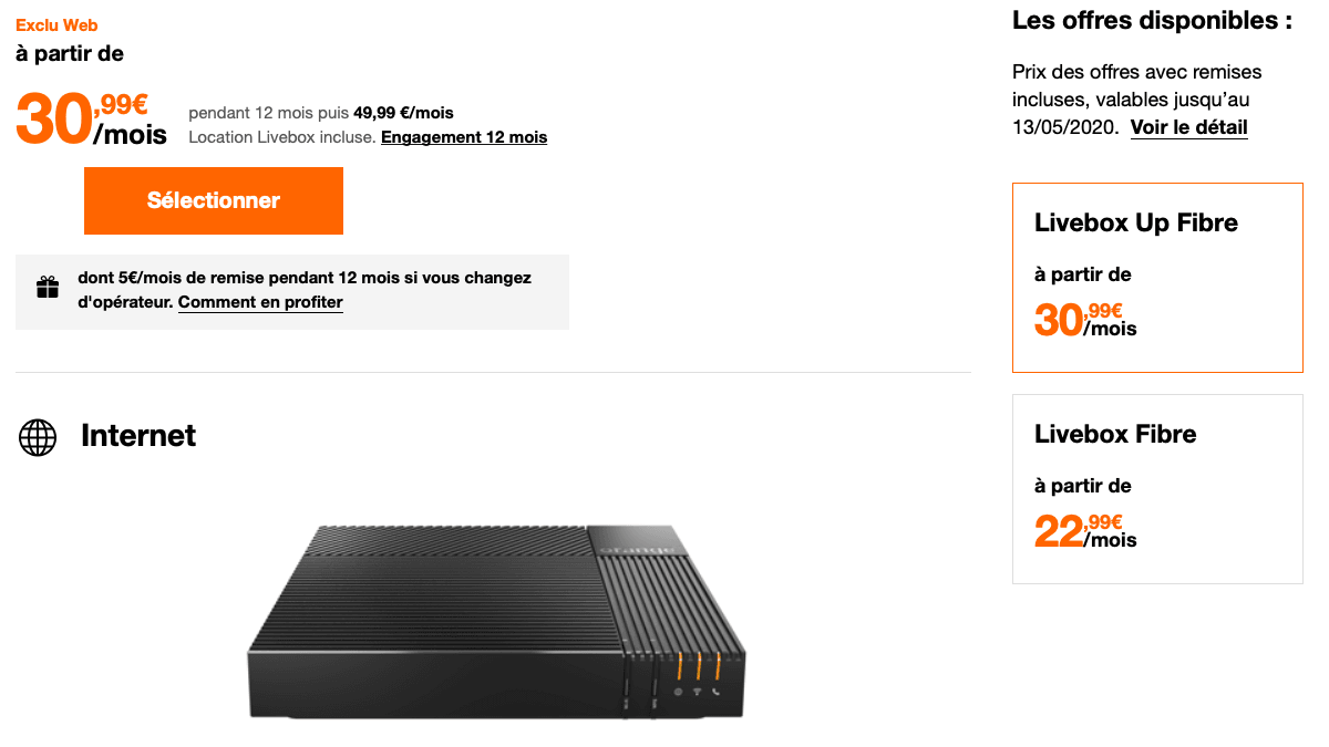 La Livebox Up d'Orange, une box internet en promo à 30,99€/mois.