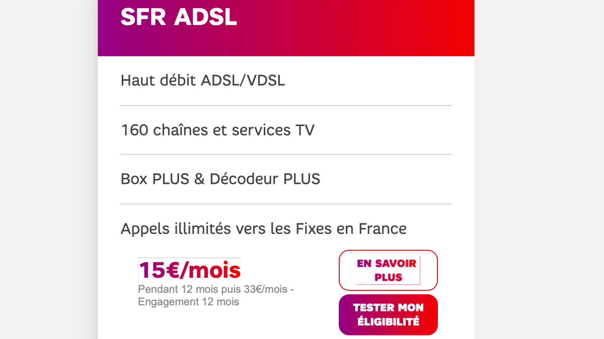 La box internet en promo de SFR : une offre ADSL à 15€ par mois.