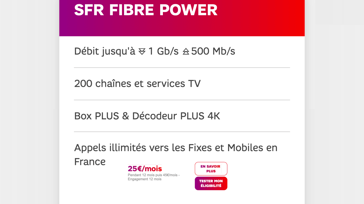 La box SFR fibre power propose 1 Gb/s de débit descendant.