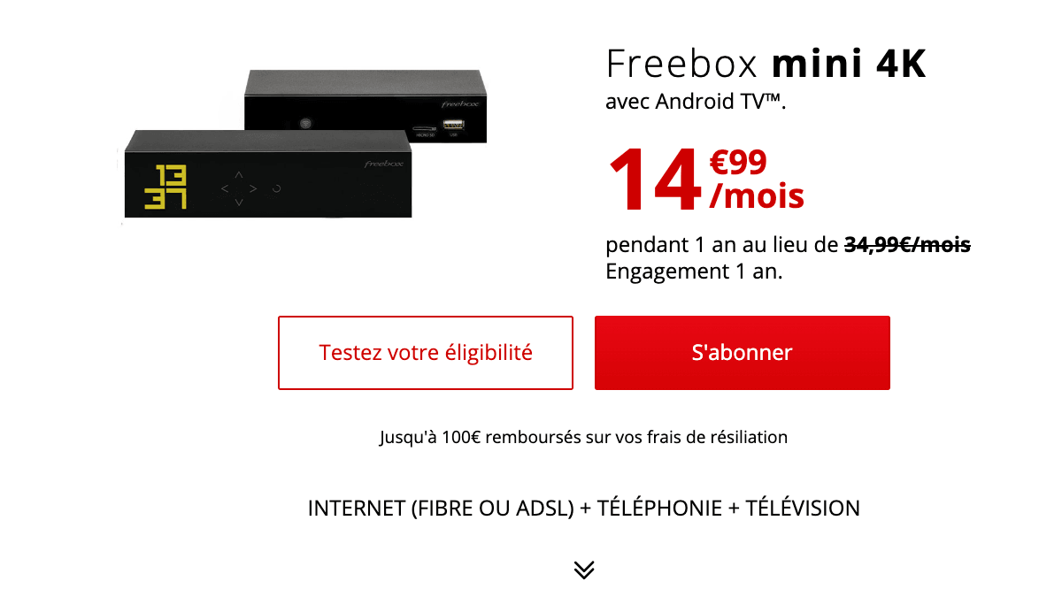 La box internet à 15 euros de Free. La Freebox mini 4k avec la TV.