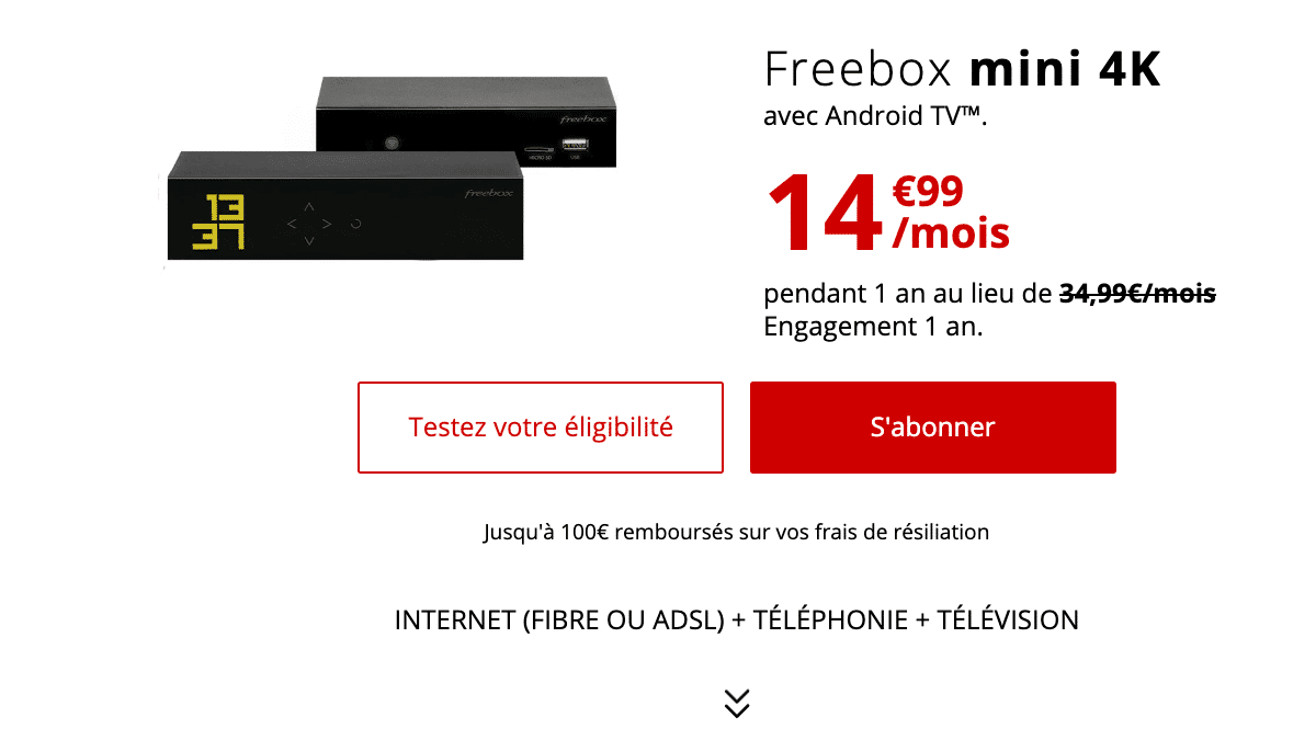 la box fibre Freebox mini 4k à partir de 14€99 par mois et un débit descendant d'un Gbits/s.