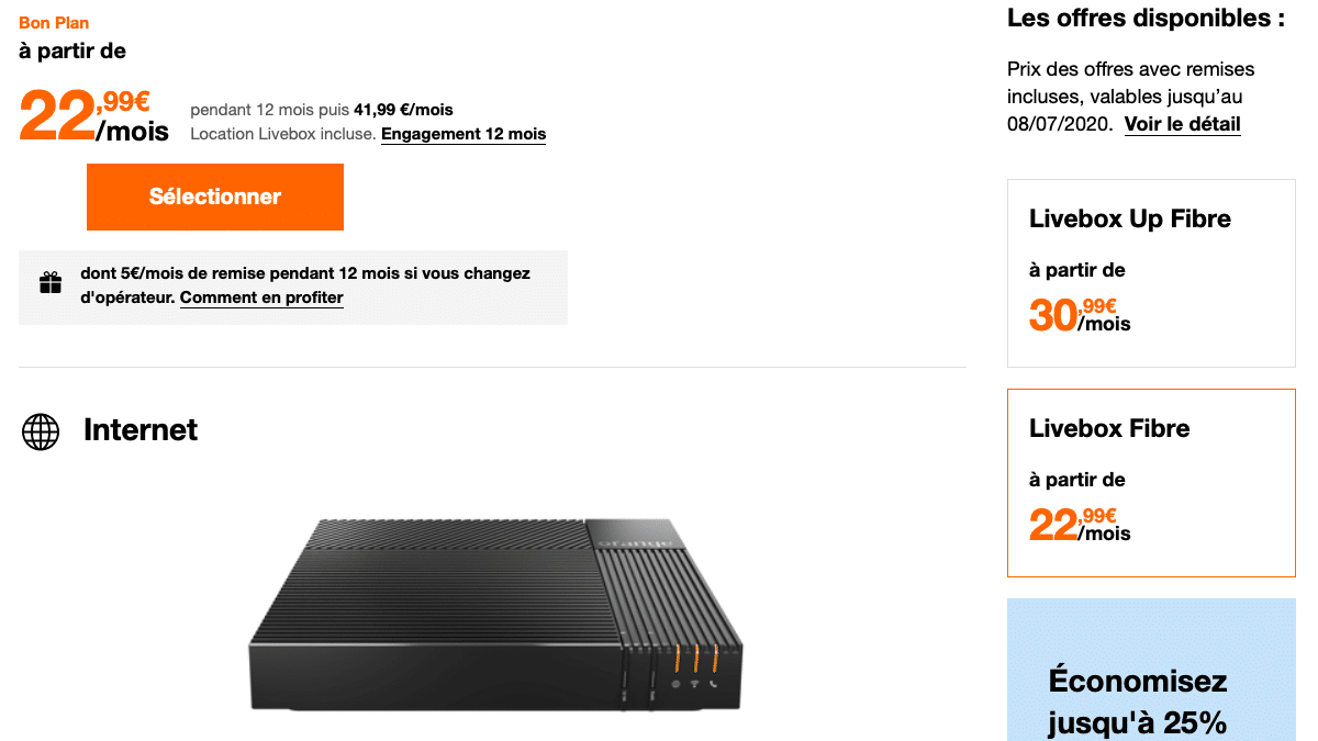La box internet fibre optique d'Orange est en promo.