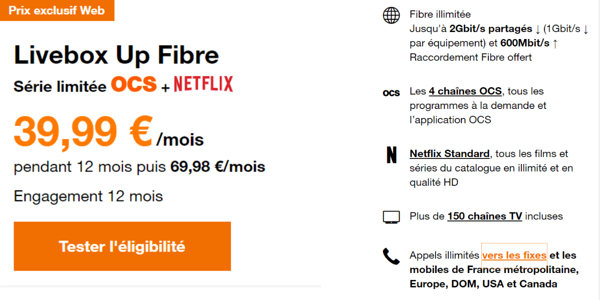 Livebox Up Fibre avec Netflix à 39,99€/mois pendant un an