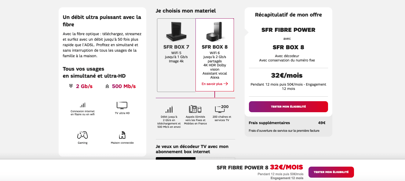 La SFR Fibre Power 8 à 32€/mois