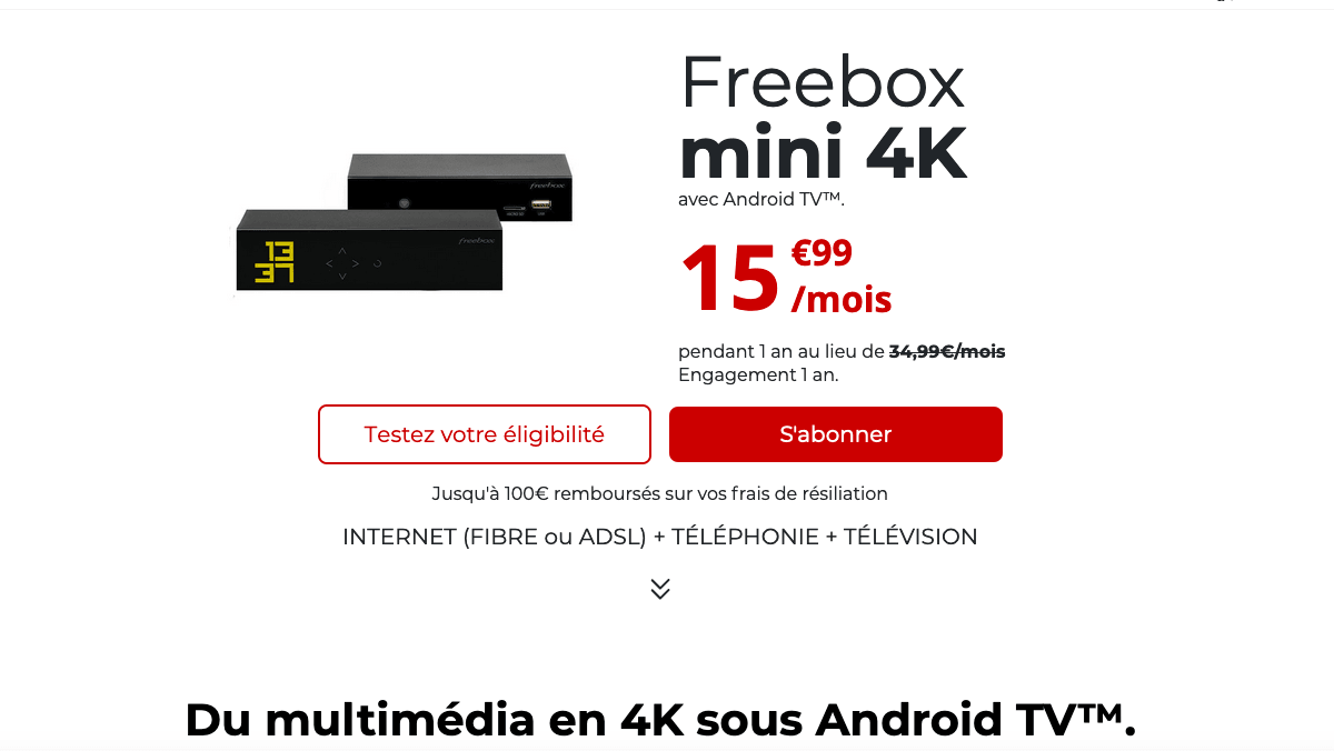 Forfait Freebox mini 4K 15,99€ par mois