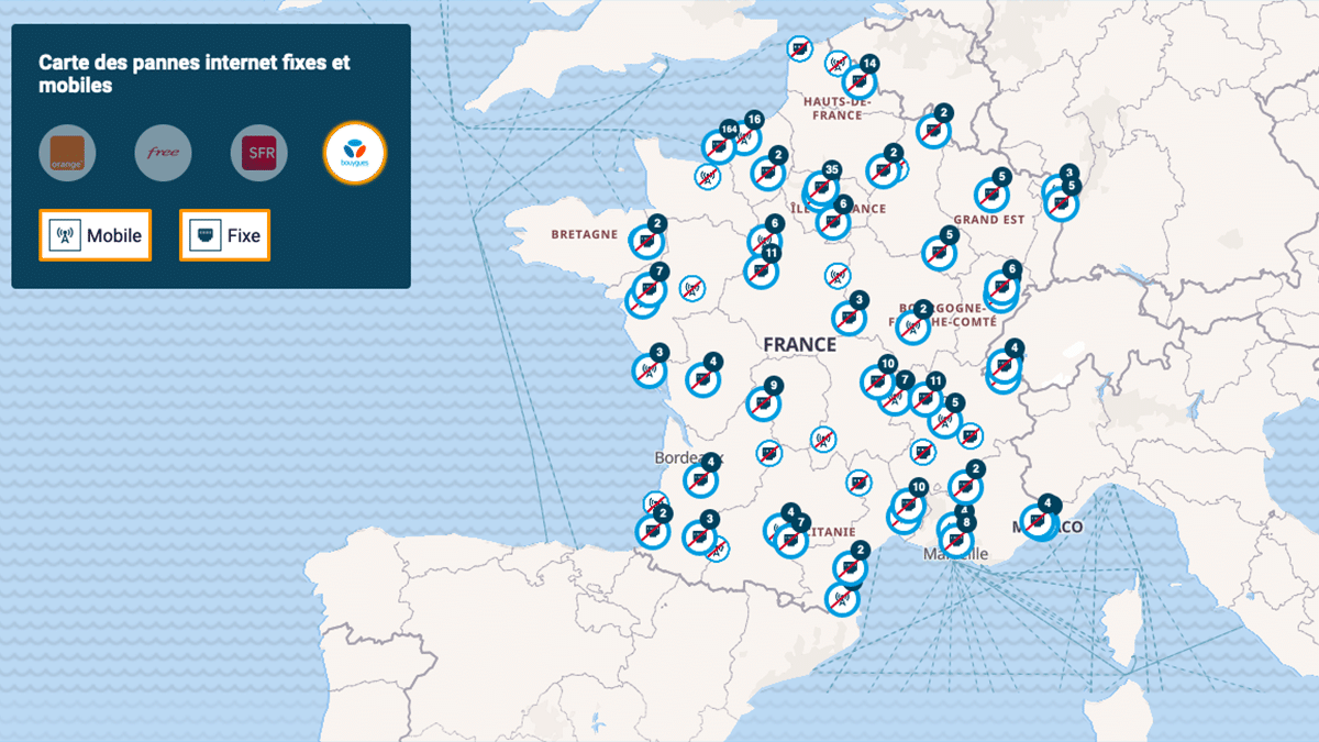 Panne Bouygues Telecom carte de la France