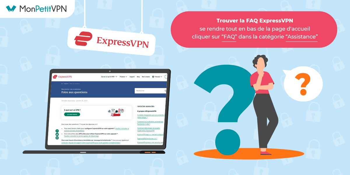 La foire aux questions d'ExpressVPN Se rendre sur la FAQ d'ExpressVPN pour obtenir une assistance