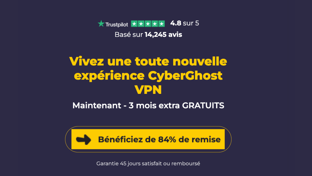 CyberGhost disponible avec 84% de remise Choisir CyberGhost pour le streaming
