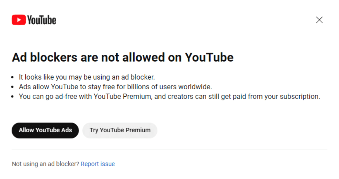 Message YouTube bloqueurs de pubs
