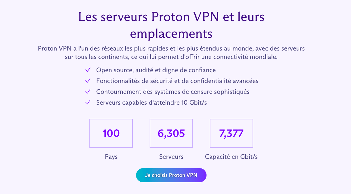 ProtonVPN serveurs et fonctionnalités Présence de ProtonVPN dans 100 pays du monde