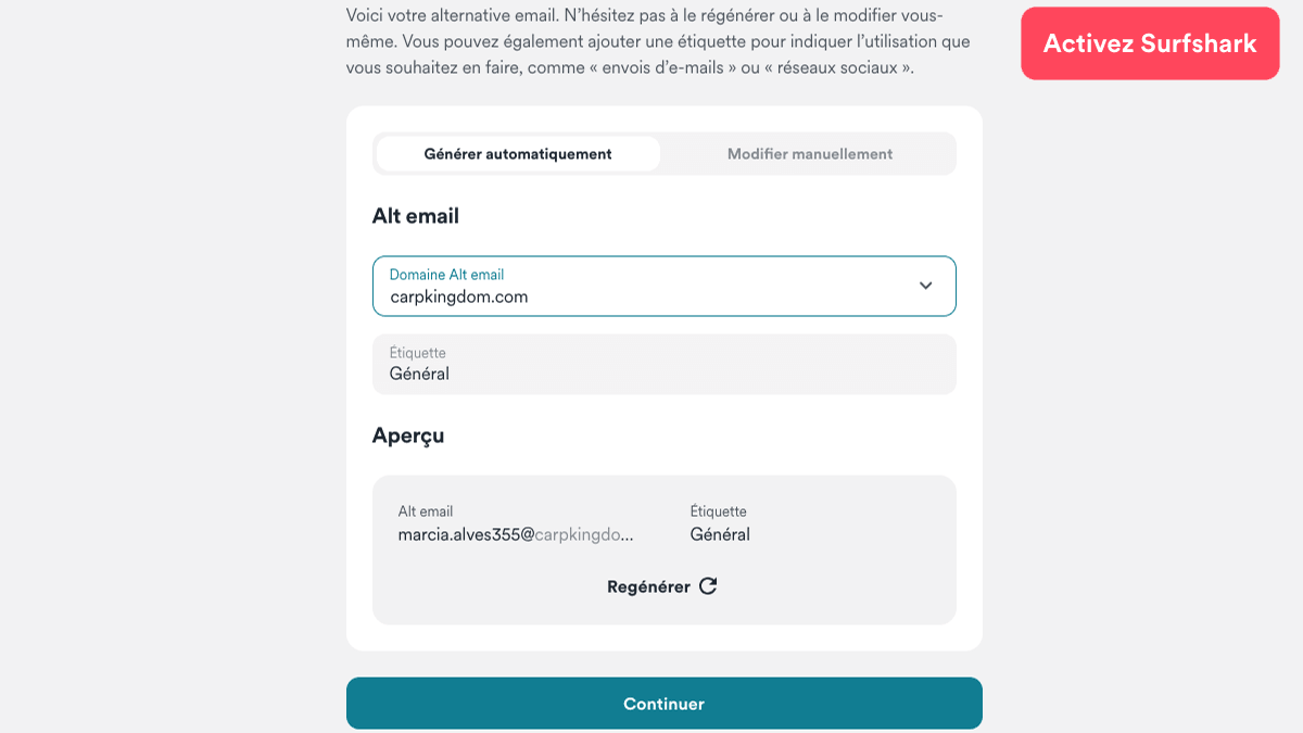 Générer une adresse mail Alternative ID Surfshark
