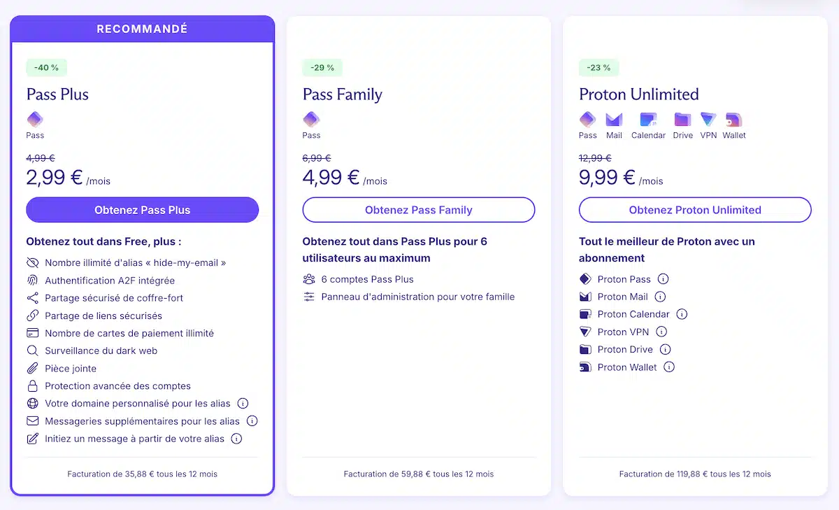Tarif de départ pour l'abonnement Proton Pass Nouvelle offre de Proton Pass