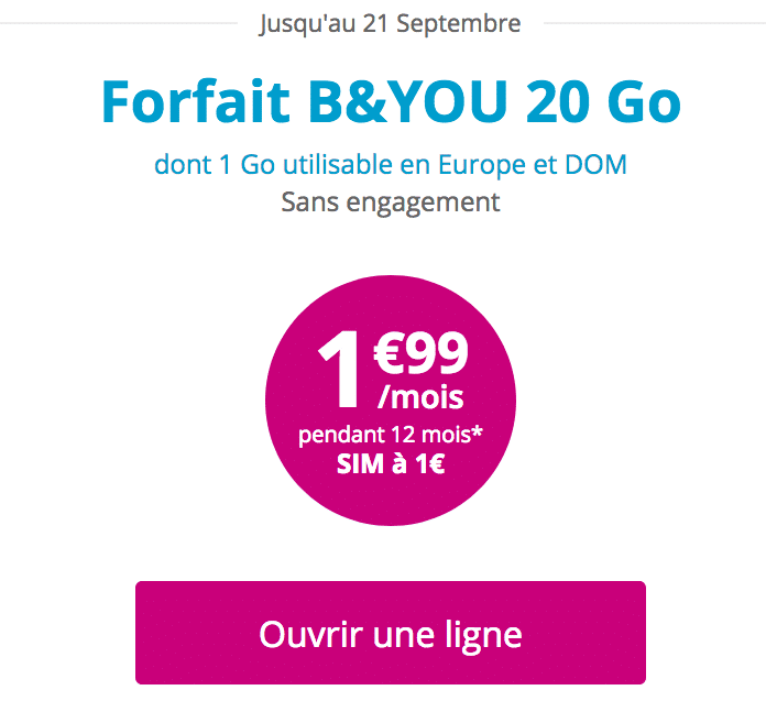 B&You un forfait 20 Go pour 1,99€ par mois ou 30 Go pour 9,99€