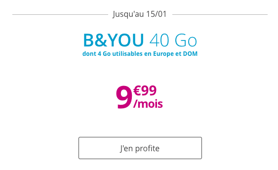 Forfait mobile B&YOU 40 Go en promotion avec la fibre optique.