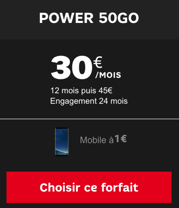 Forfait Power 50 Go de 4G à bas prix avec un portable en promotion chez SFR.