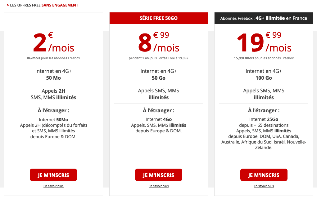 Forfaits Free Mobile la gamme de forfaits sans engagement à petits prix