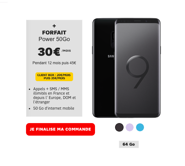 Galaxy S9 et forfait Power 50 Go de SFR.