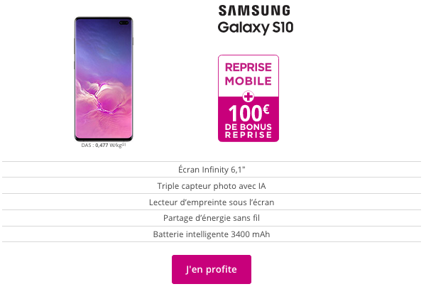 Promotion bonus reprise chez Bouygues Telecom avec Galaxy S10 de Samsung. 