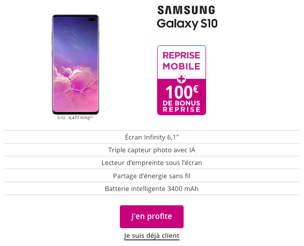 Bonus reprise Samsung Galaxy S10 chez Bouygues Telecom.