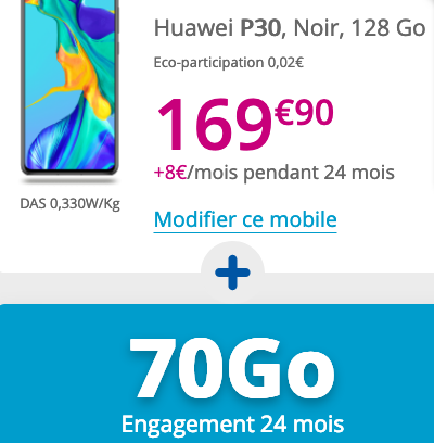 Smartphone Huawei P30 avec forfait Bouygues Telecom