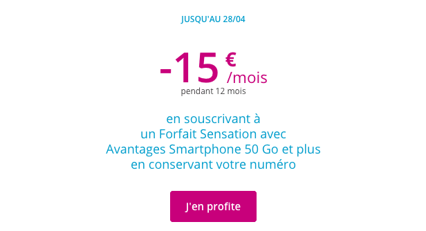Remise mensuelle jusqu'à 15€ chez Bouygues Telecom.