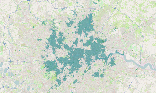 Carte de Londres avec les zones où la 5G est disponible