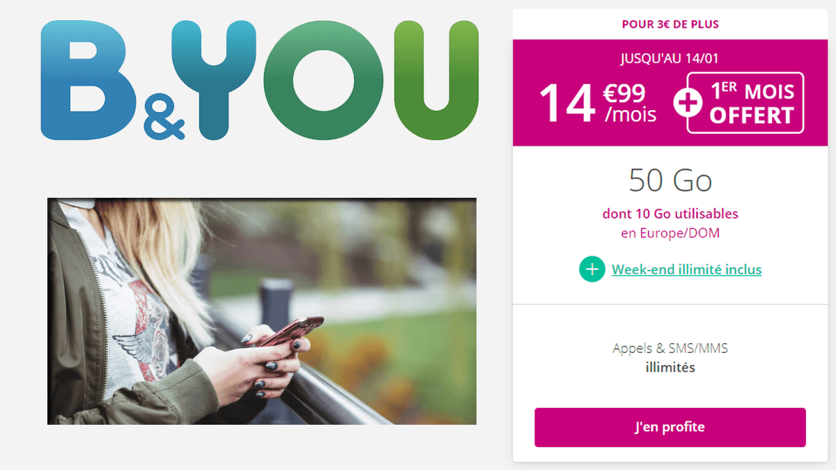 Ce forfait Séries spéciales B&YOU à 14,99€ offre des week-end avec Internet en illimité.