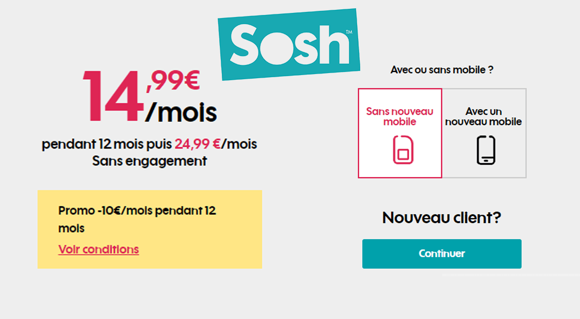 Le forfait mobile 50 Go Sosh est soldé : 10€ en moins par mois, soit 14,99€/mois pour 60 Go de data et appels illimités.