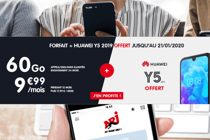 NRJ Mobile soldes son forfait Ultimate Speed 60 Go en le proposant à 9,99€ par mois avec un smartphone Huawei offert.