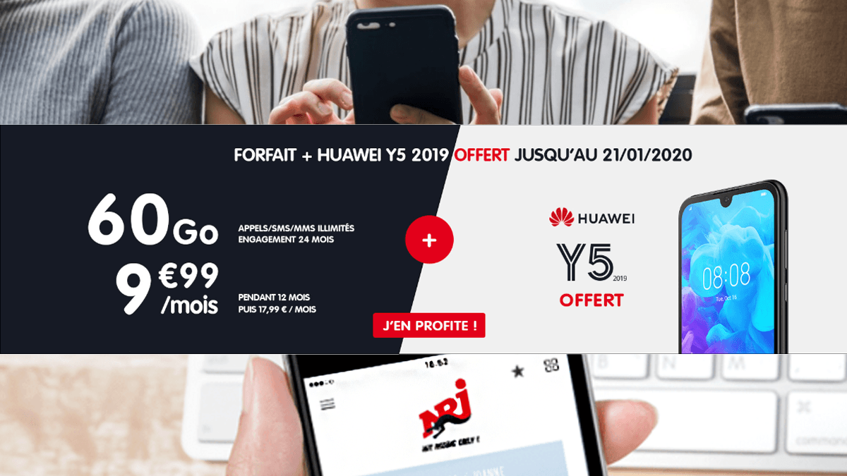 NRJ Mobile soldes son forfait Ultimate Speed 60 Go en le proposant à 9,99€ par mois avec un smartphone Huawei offert.
