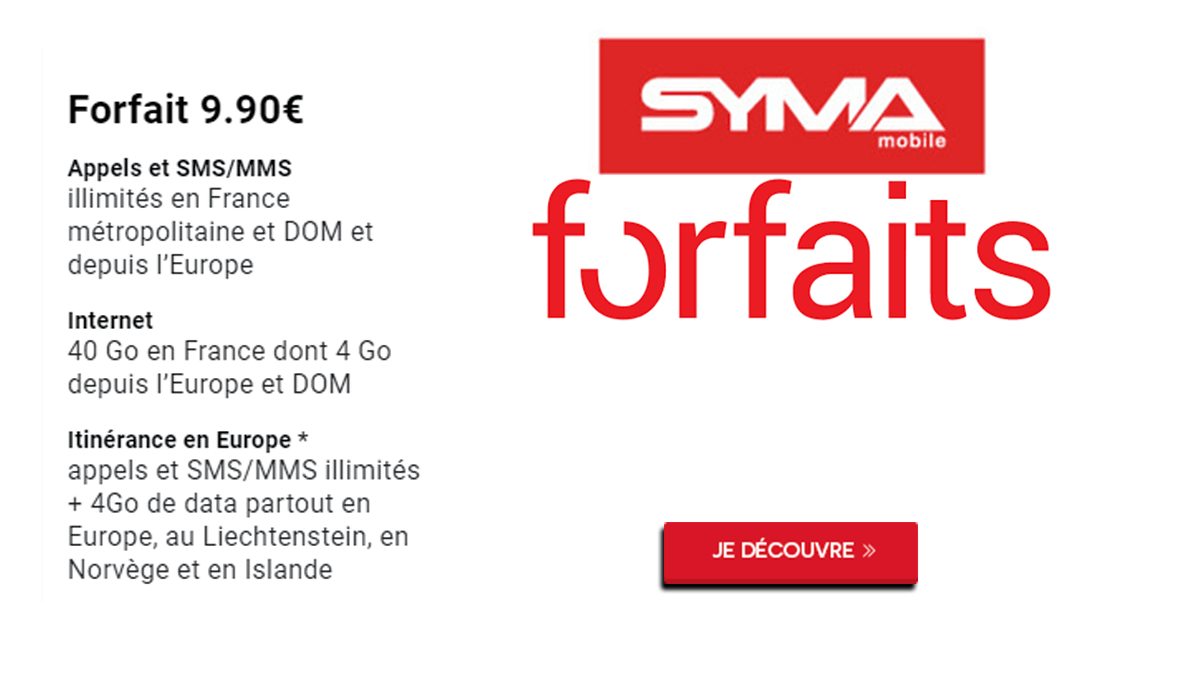 Le forfaitL'Essentiel de Syma Mobile donne accès à 40 Go de données internet avec appels et SMS illimités pour 9,90€ par mois.