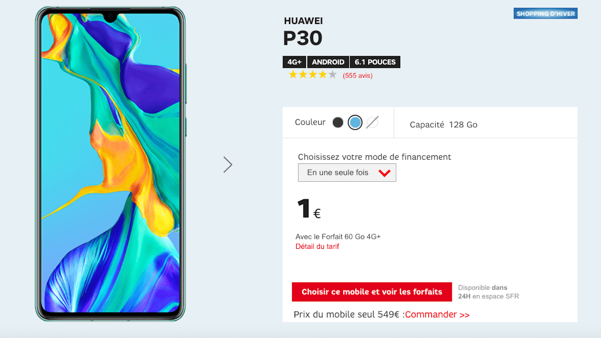 Le Huawei P30 à 1€ avec le forfait SFR 60 Go