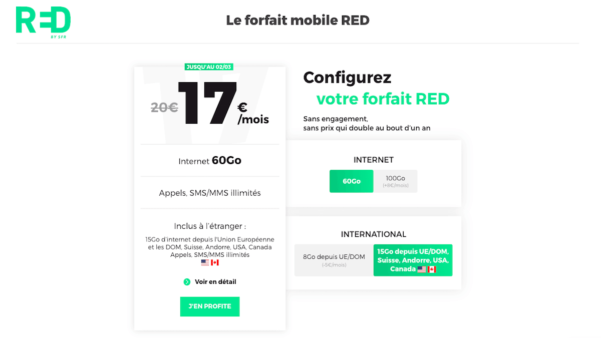 Le forfait mobile en promo de RED by SFR option internationale et USA inclus