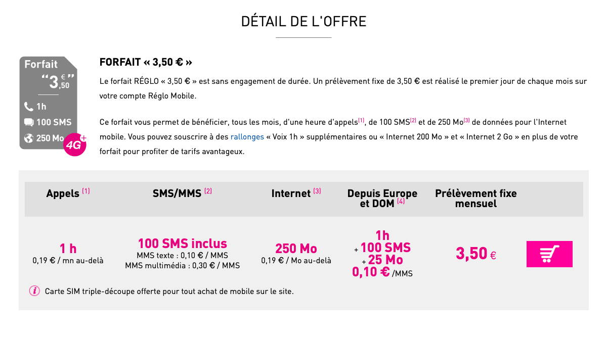 Un forfait pas cher chez Réglo Mobile c'est à partir de 3,50€