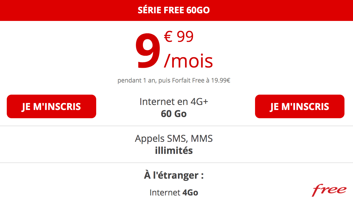 Free propose un forfait 60 Go à 9,99€.