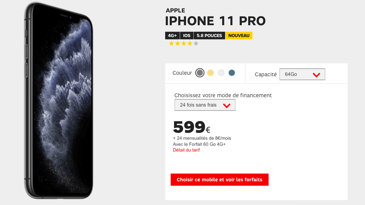 L'iPhone 11 Pro est accessible à 38€ par mois chez SFR.