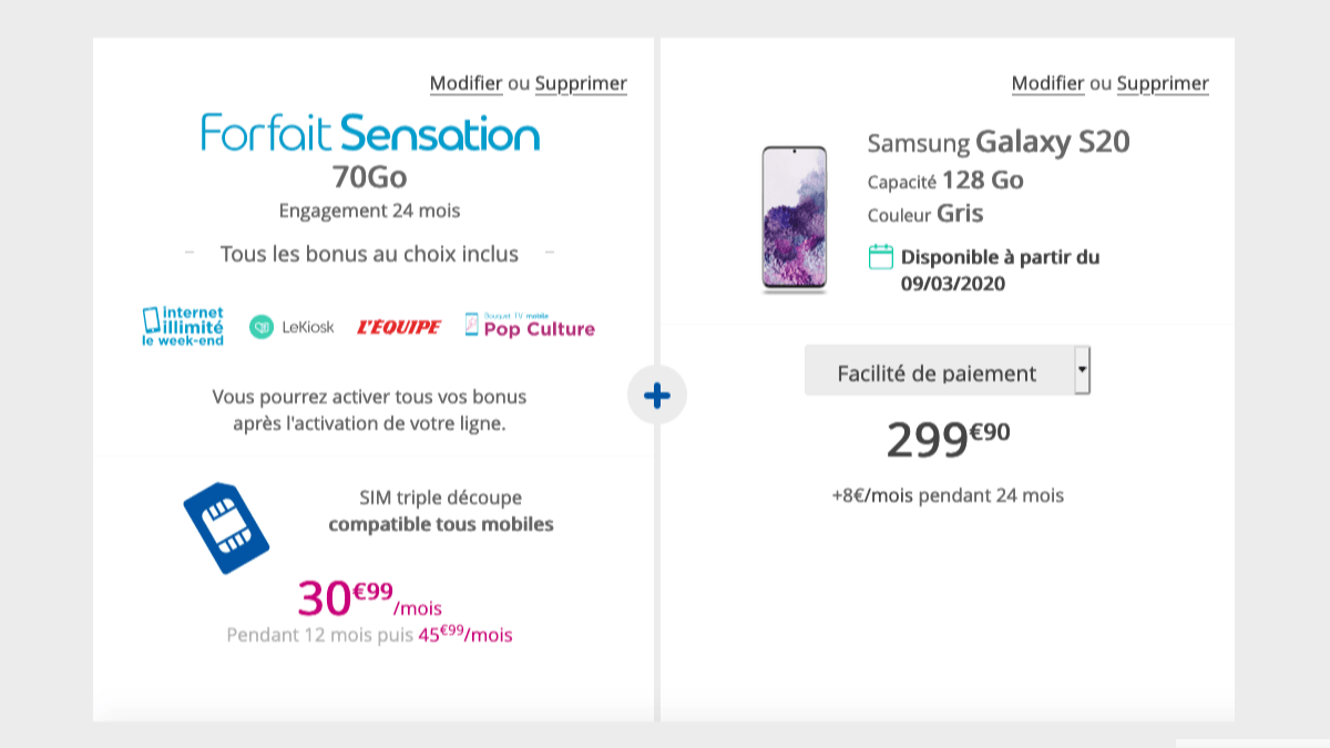 Le Samsung Galaxy S20 avec le forfait Sensation 70 Go de Bouygues Telecom