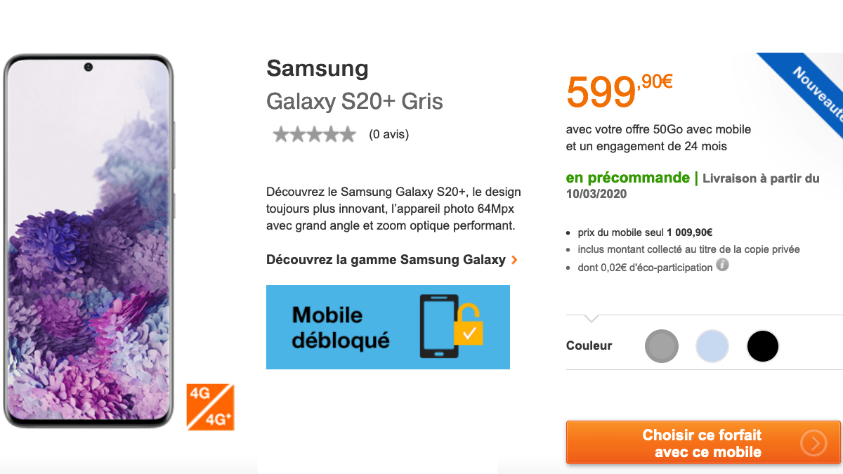 Orange propose un forfait 50 Go avec le Samsung Galaxy S20+