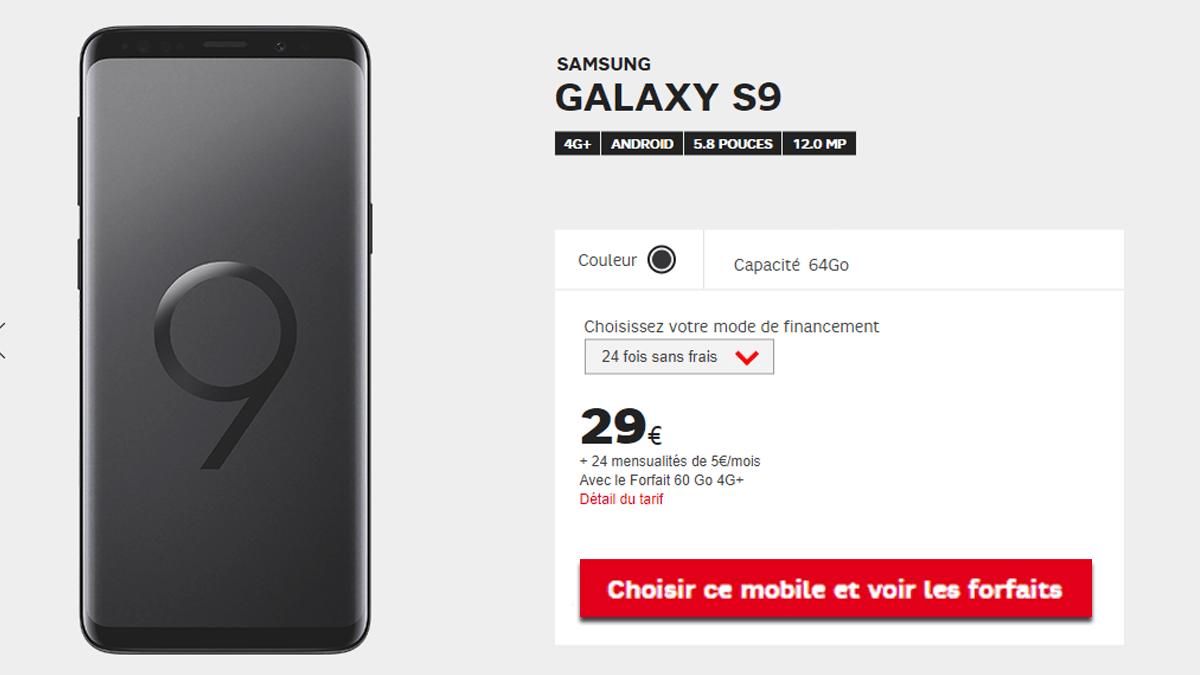 SFR : Samsung Galaxy S9 avec forfait 60 Go.