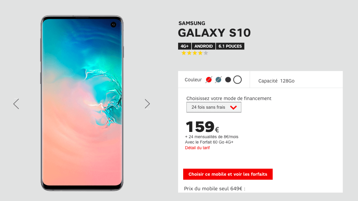 Chez SFR, le Galaxy S10 est à partir de 159€.