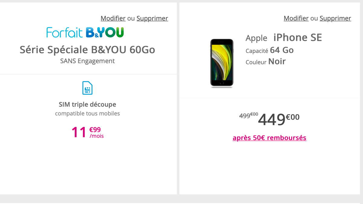 B&YOU rembourse 50€ sur la commande d'un iPhone SE.