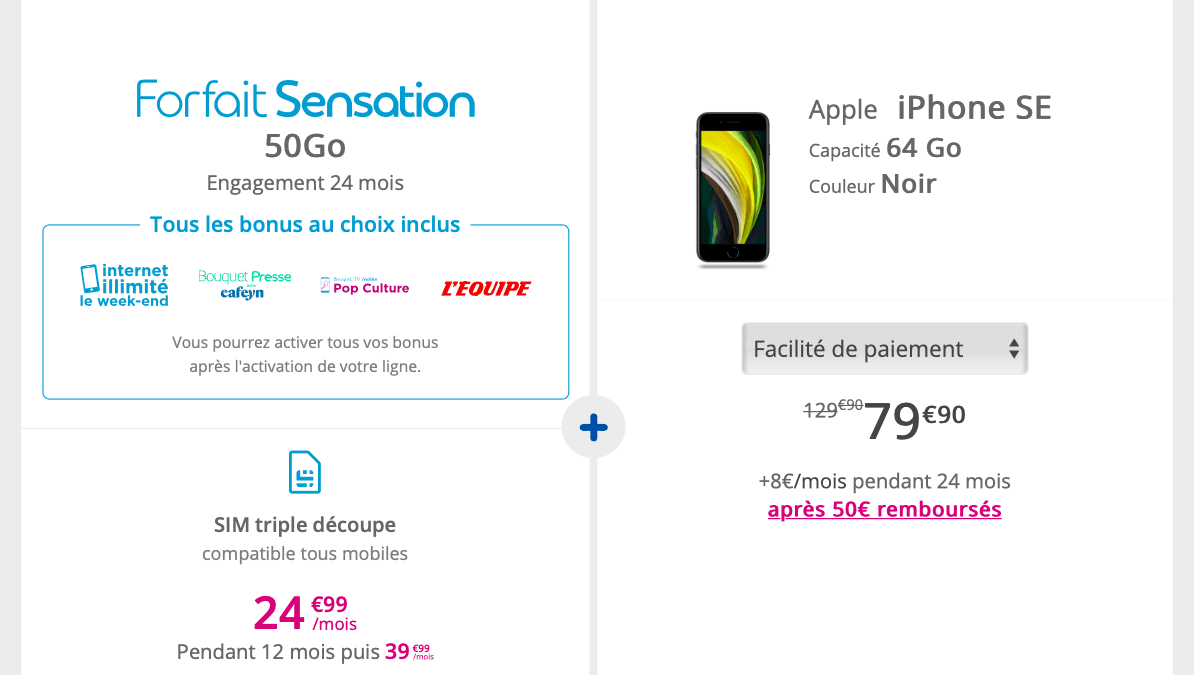Chez Bouygues Telecom, l'iPhone SE est disponible avec un forfait Sensation.