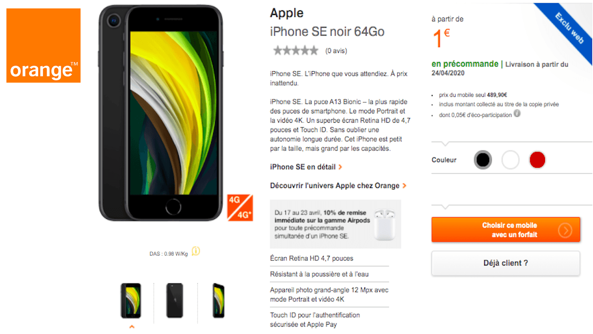 iPhone SE 2020 à 1€ chez Orange